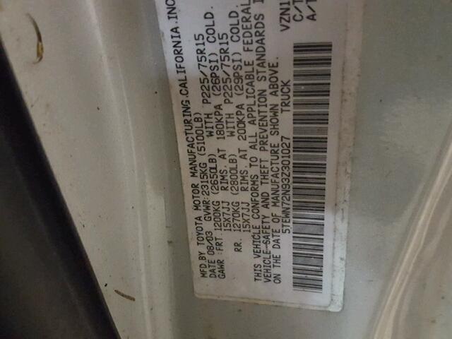 5TEWN72N93Z301027 - 2003 TOYOTA TACOMA GRAY photo 10