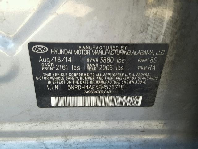 5NPDH4AEXFH576718 - 2015 HYUNDAI ELANTRA SE SILVER photo 10