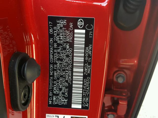 JTDKARFPXH3044290 - 2017 TOYOTA PRIUS PRIM წითელი ფოტო 10