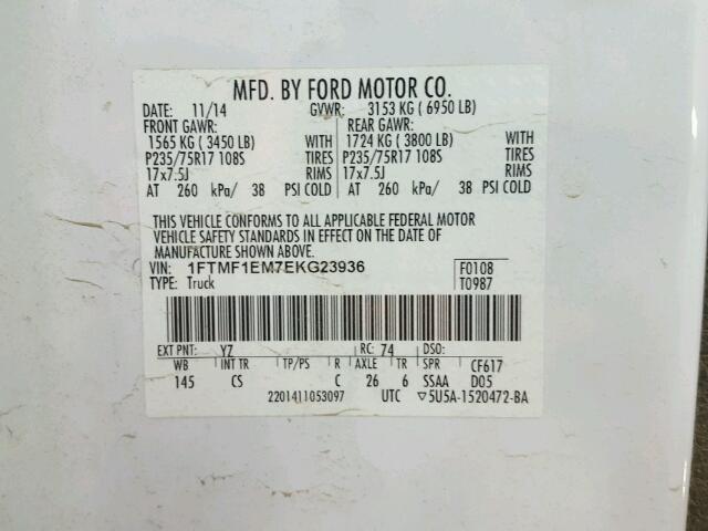 1FTMF1EM7EKG23936 - 2014 FORD F150 WHITE photo 10