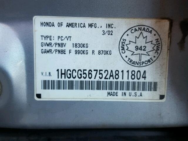 1HGCG56752A811804 - 2002 HONDA ACCORD SE SILVER photo 10