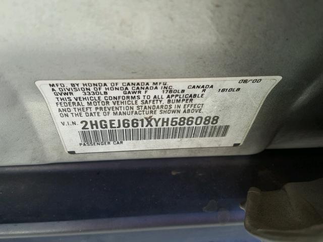 2HGEJ661XYH586088 - 2000 HONDA CIVIC BASE SILVER photo 10