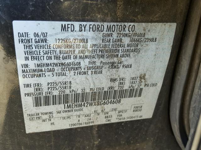 1MEHM42WX8G604608 - 2008 MERCURY SABLE BLACK photo 10