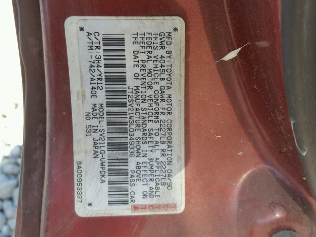 JT2SV21W3L0349336 - 1990 TOYOTA CAMRY DLX MAROON photo 10