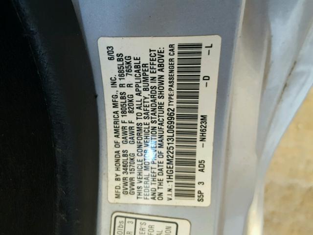 1HGEM22513L069962 - 2003 HONDA CIVIC LX SILVER photo 10