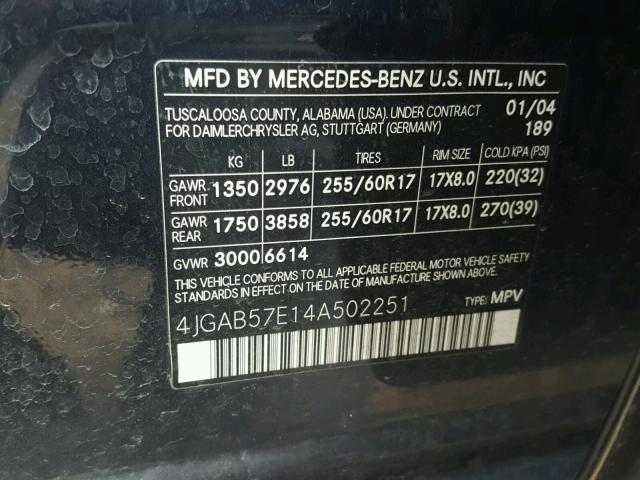 4JGAB57E14A502251 - 2004 MERCEDES-BENZ ML 350 BLUE photo 10