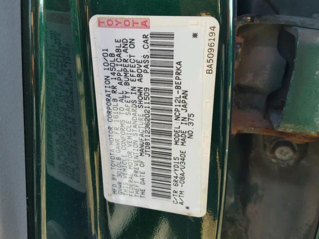 JTDBT123620211509 - 2002 TOYOTA ECHO GREEN photo 10