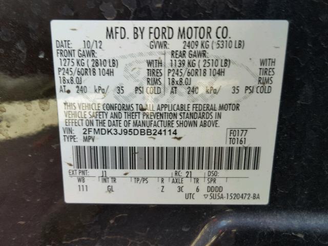 2FMDK3J95DBB24114 - 2013 FORD EDGE SEL BLACK photo 10