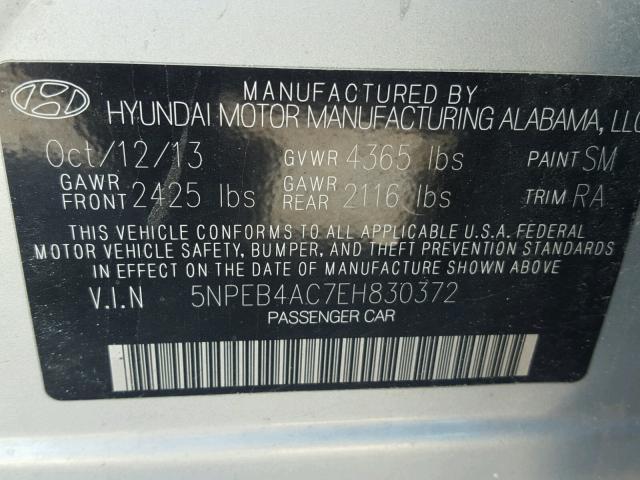 5NPEB4AC7EH830372 - 2014 HYUNDAI SONATA SILVER photo 10