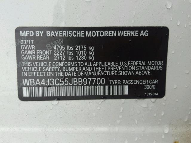 WBA4J3C55JBB97700 - 2018 BMW 430XI GRAN WHITE photo 10