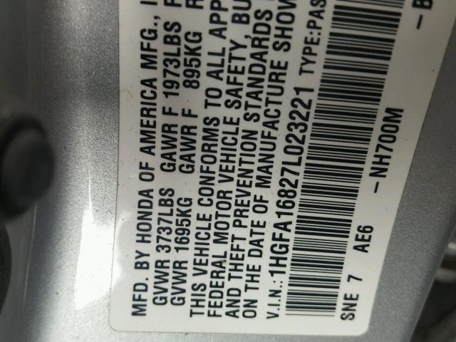 1HGFA16827L023221 - 2007 HONDA CIVIC EX 银色 照片 10