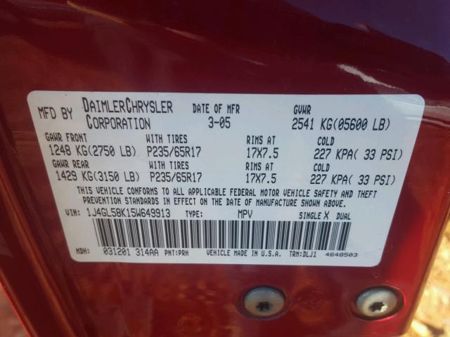 1J4GL58K15W649913 - 2005 JEEP LIBERTY RED photo 10