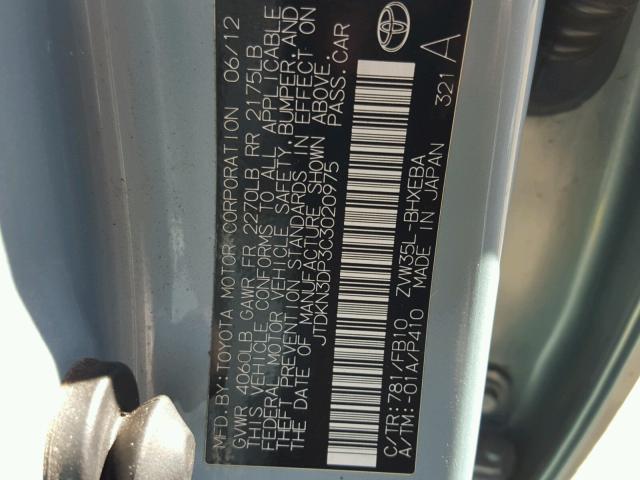 JTDKN3DP3C3020975 - 2012 TOYOTA PRIUS PLUG GRAY photo 10