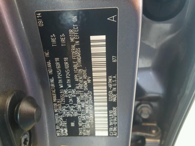 5TDKKRFH0FS046437 - 2015 TOYOTA HIGHLANDER GRAY photo 10