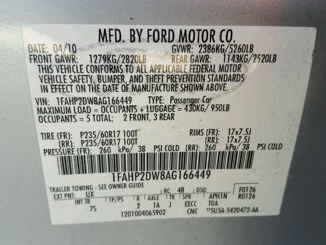 1FAHP2DW8AG166449 - 2010 FORD TAURUS SE SILVER photo 10