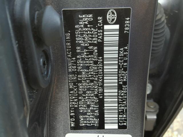 4T1BF1FK4EU839764 - 2014 TOYOTA CAMRY L GRAY photo 10