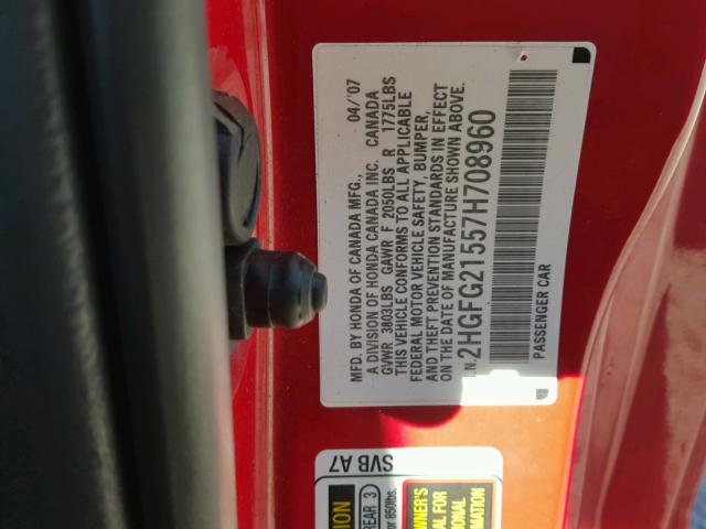 2HGFG21557H708960 - 2007 HONDA CIVIC SI RED photo 10