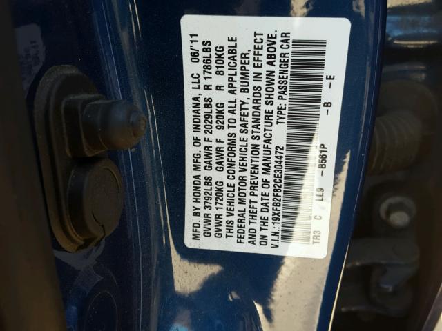 19XFB2F82CE304472 - 2012 HONDA CIVIC BLUE photo 10