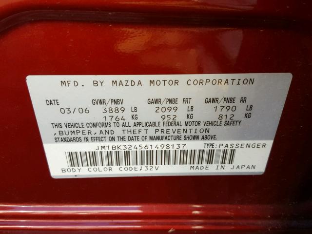 JM1BK324561498137 - 2006 MAZDA 3 RED photo 10