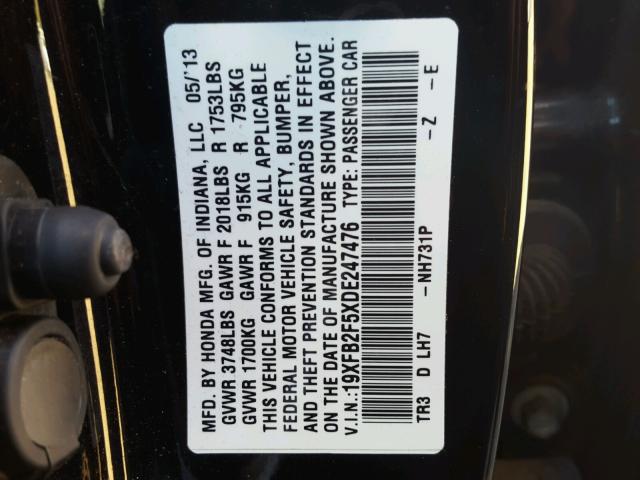 19XFB2F5XDE247476 - 2013 HONDA CIVIC BLACK photo 10