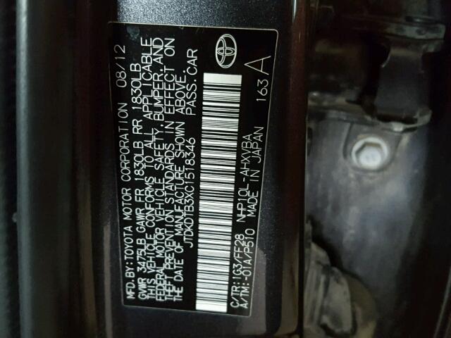 JTDKDTB3XC1518346 - 2012 TOYOTA PRIUS C GRAY photo 10