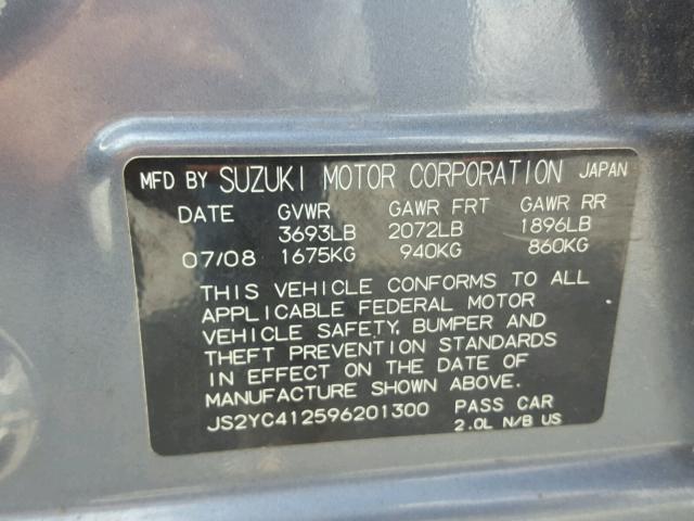 JS2YC412596201300 - 2009 SUZUKI SX4 BASE GRAY photo 10