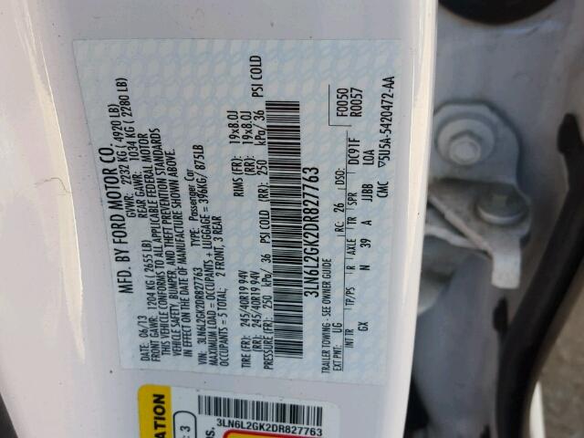 3LN6L2GK2DR827763 - 2013 LINCOLN MKZ Սպիտակ լուսանկար 10