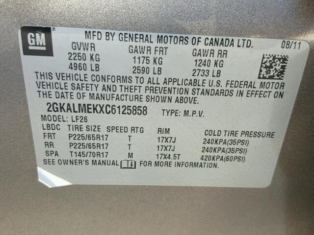 2GKALMEKXC6125858 - 2012 GMC TERRAIN SL GRAY photo 10