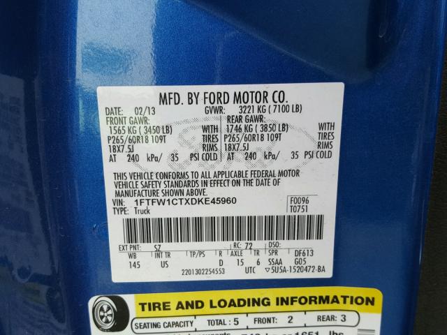 1FTFW1CTXDKE45960 - 2013 FORD F150 SUPER BLUE photo 10