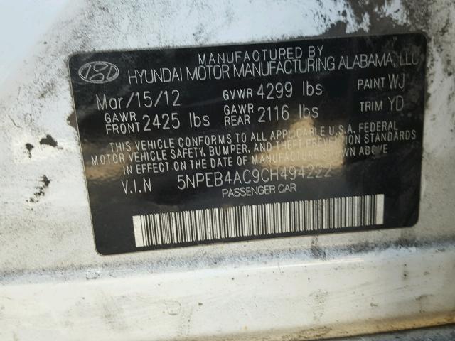 5NPEB4AC9CH494222 - 2012 HYUNDAI SONATA GLS WHITE photo 10