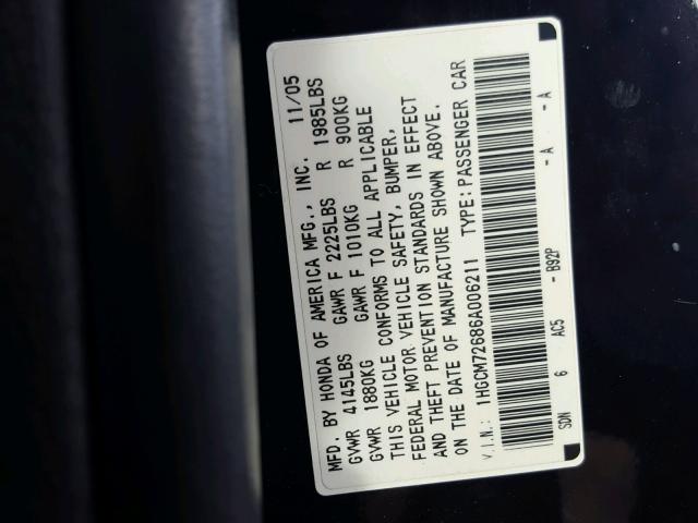 1HGCM72686A006211 - 2006 HONDA ACCORD EX BLACK photo 10