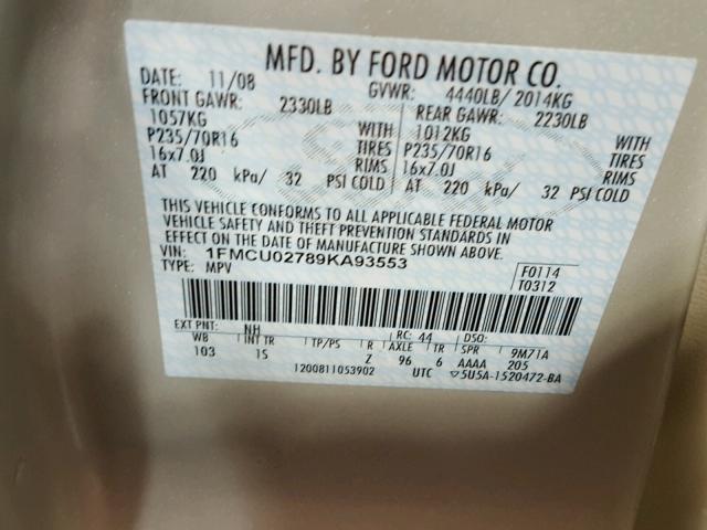 1FMCU02789KA93553 - 2009 FORD ESCAPE XLS SILVER photo 10