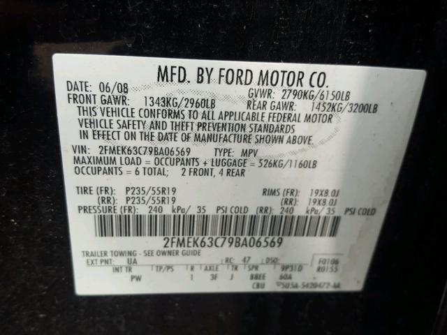 2FMEK63C79BA06569 - 2009 FORD FLEX LIMIT BLACK photo 10