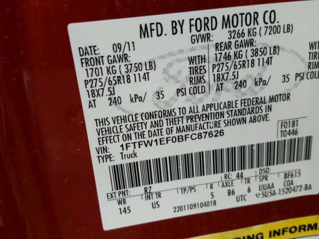 1FTFW1EF0BFC87626 - 2011 FORD F150 SUPER RED photo 10