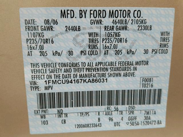 1FMCU94167KA86031 - 2007 FORD ESCAPE GOLD photo 10