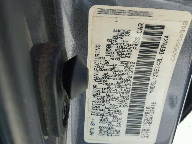 5YFBU4EE3CP012730 - 2012 TOYOTA COROLLA BA GRAY photo 10