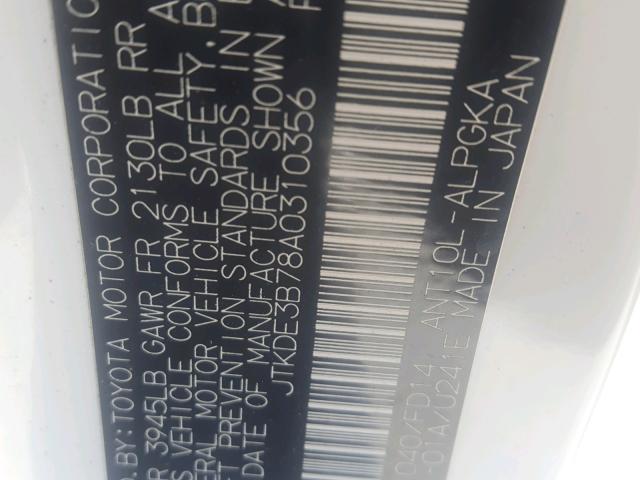 JTKDE3B78A0310356 - 2010 TOYOTA SCION TC 白色 照片 10