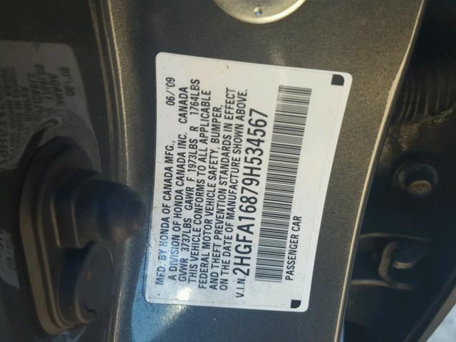 2HGFA16879H534567 - 2009 HONDA CIVIC EX GRAY photo 10