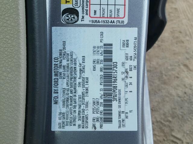 3FAFP08196R157303 - 2006 FORD FUSION GRAY photo 10