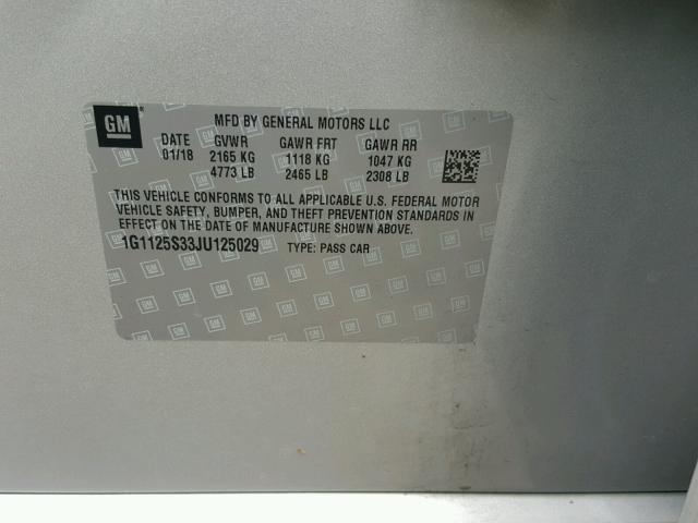 1G1125S33JU125029 - 2018 CHEVROLET IMPALA PRE ვერცხლისფერი ფოტო 10