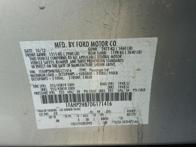 1FAHP2H87DG171416 - 2013 FORD TAURUS SILVER photo 10