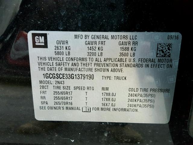 1GCGSCE33G1379190 - 2016 CHEVROLET COLORADO L BLACK photo 10