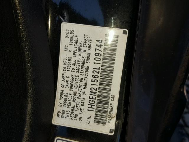 1HGEM21562L109744 - 2002 HONDA CIVIC BLACK photo 10