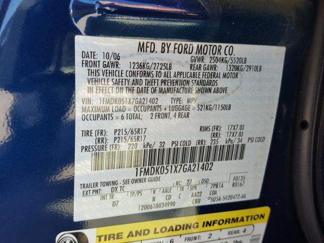 1FMDK051X7GA21402 - 2007 FORD FREESTYLE BLUE photo 10