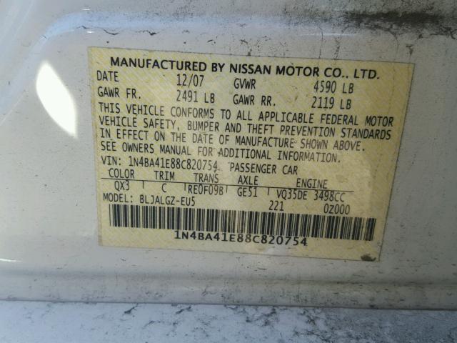 1N4BA41E88C820754 - 2008 NISSAN MAXIMA SE WHITE photo 10