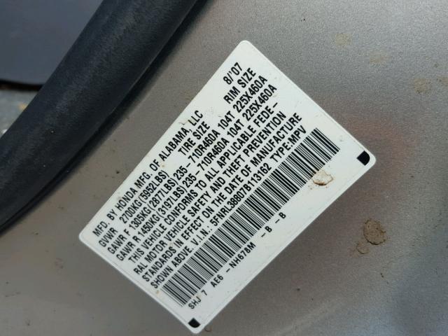 5FNRL38807B113162 - 2007 HONDA ODYSSEY TO SILVER photo 10