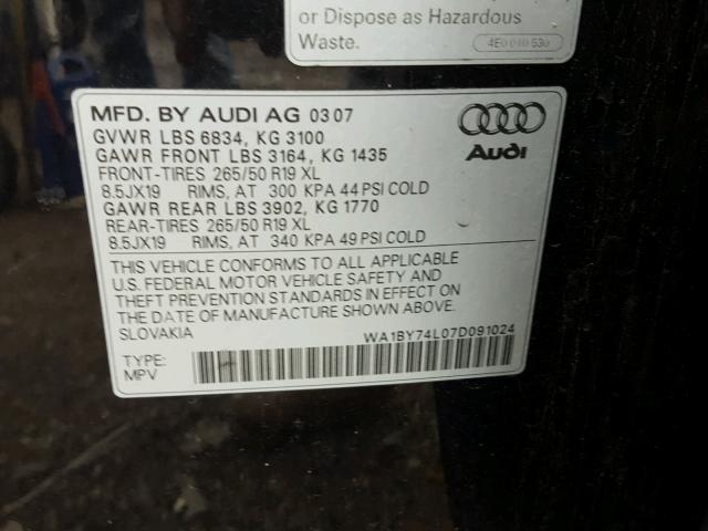 WA1BY74L07D091024 - 2007 AUDI Q7 3.6 QUA BLACK photo 10