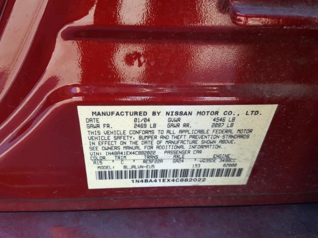 1N4BA41EX4C882022 - 2004 NISSAN MAXIMA SE BURGUNDY photo 10