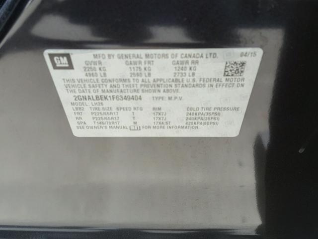 2GNALBEK1F6349404 - 2015 CHEVROLET EQUINOX LT GRAY photo 10