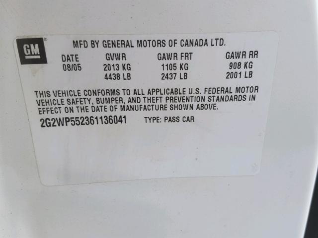 2G2WP552361136041 - 2006 PONTIAC GRAND PRIX Білий фото 10